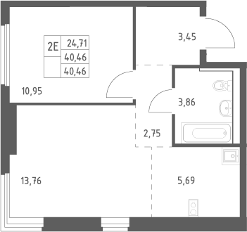 2-комн., 40.46 м², 7/17 этаж, ЖК «Пригород Лесное»
