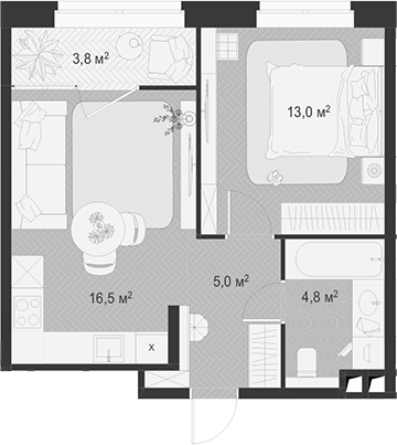 2-комн., 39.3 м², 17/18 этаж, ЖК «Гранд Комфорт»