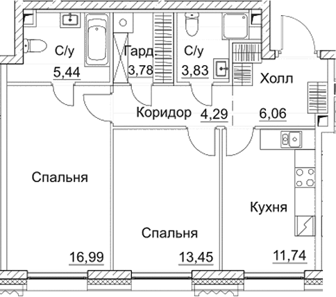 2-комн., 65.58 м², 33/35 этаж, ЖК «СЕЗАР СИТИ»