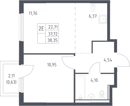 2-комн., 37.72 м², 13/17 этаж, ЖК «Пригород Лесное»