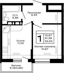 1-комн., 31.38 м², 16/16 этаж, ЖК «Горные высоты»