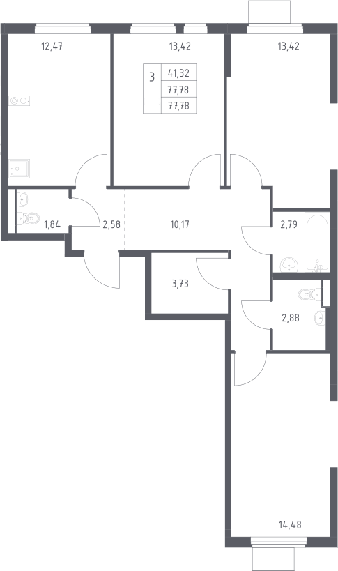 3-комн., 77.78 м², 16/17 этаж, ЖК «Горки Парк»
