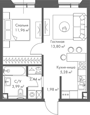 2-комн., 39.45 м², 9/22 этаж, ЖК «МИРА»