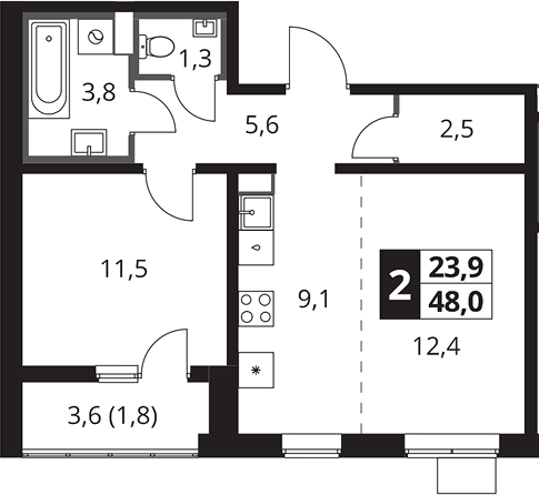 2-комн., 46.2 м², 5/25 этаж, ЖК «1-й Южный»