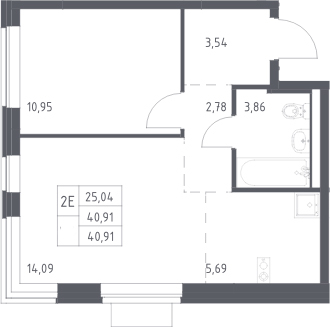 2-комн., 40.91 м², 12/17 этаж, ЖК «Новое Видное»