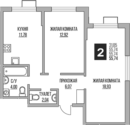 2-комн., 55.74 м², 13/16 этаж, ЖК «Гранель Алексеевская роща»