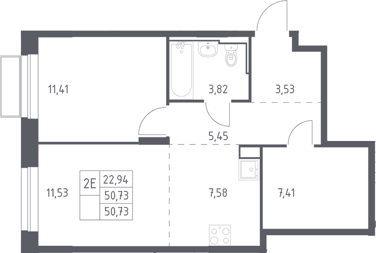 2-комн., 50.73 м², 24/24 этаж, ЖК «Долина Яузы»