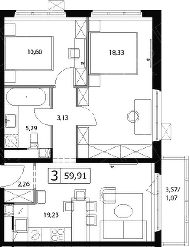 3-комн., 58.84 м², 11/17 этаж, ЖК «У реки.Эко Видное 2.0»