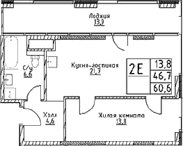 2-комн., 46.7 м², 27/29 этаж, ЖК «Наметкин Тауэр»