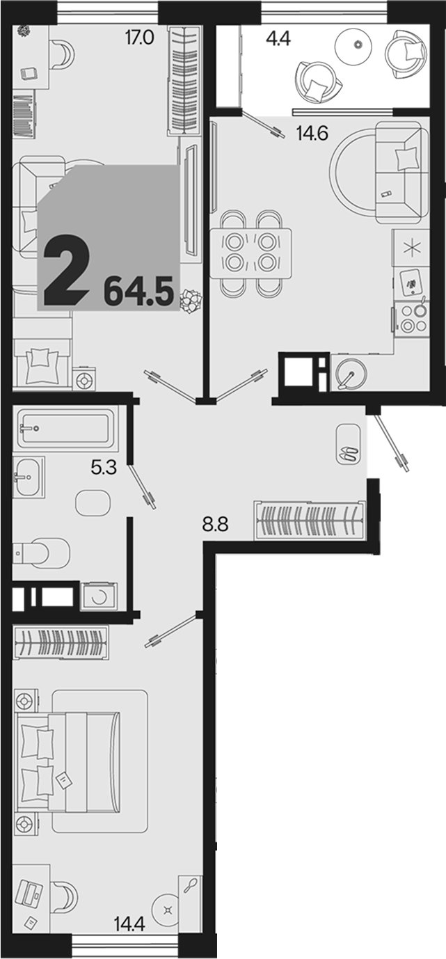 2-комн., 60.1 м², 3/9 этаж, ЖК «Первое место» — фото 2