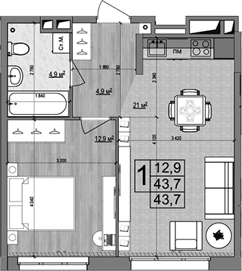 2-комн., 43.7 м², 2/18 этаж, ЖК «Гранд Комфорт»
