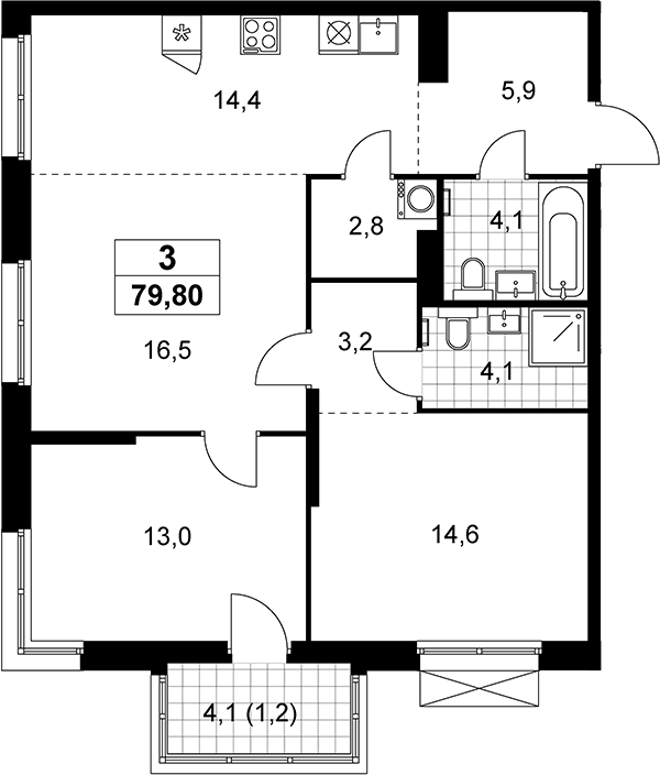 3-комн., 78.6 м², 14/21 этаж, ЖК «Дзен-кварталы»