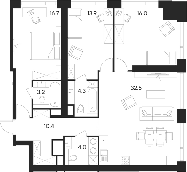 4+ комнаты, 101 м², 15/55 этаж, ЖК «Инди Тауэрз от Аквилон»