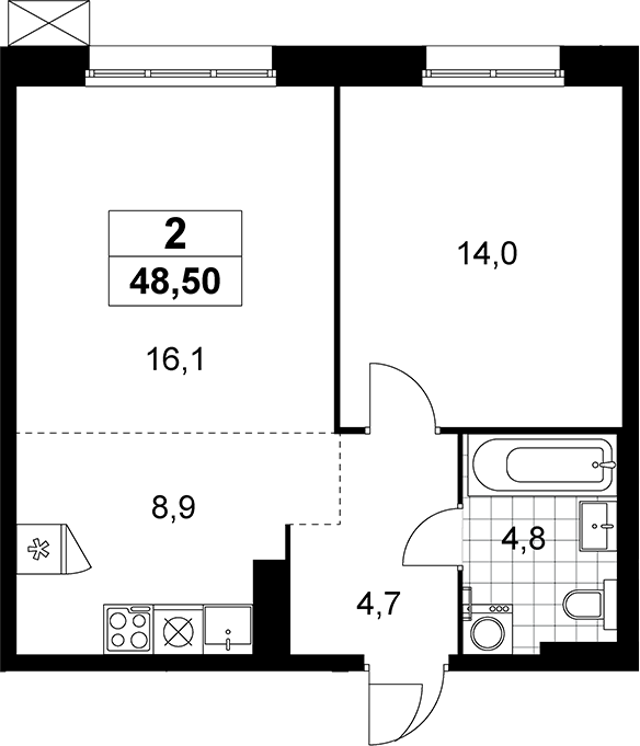 2-комн., 48.5 м², 11/12 этаж, ЖК «Дзен-кварталы»