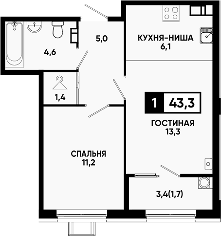 1-комн., 41.6 м², 2/14 этаж, ЖК «Квартал на курорте Моя Легенда»