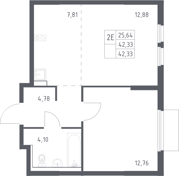 2-комн., 42.33 м², 16/17 этаж, ЖК «Пригород Лесное»
