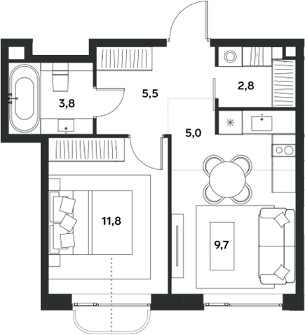 2-комн., 38.6 м², 2/18 этаж, ЖК «АЛИА»