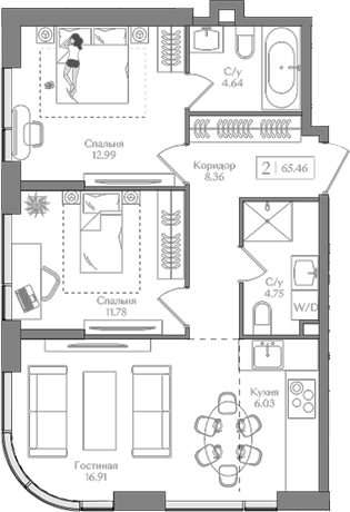 3-комн., 65.46 м², 13/16 этаж, ЖК «Преображенская площадь»