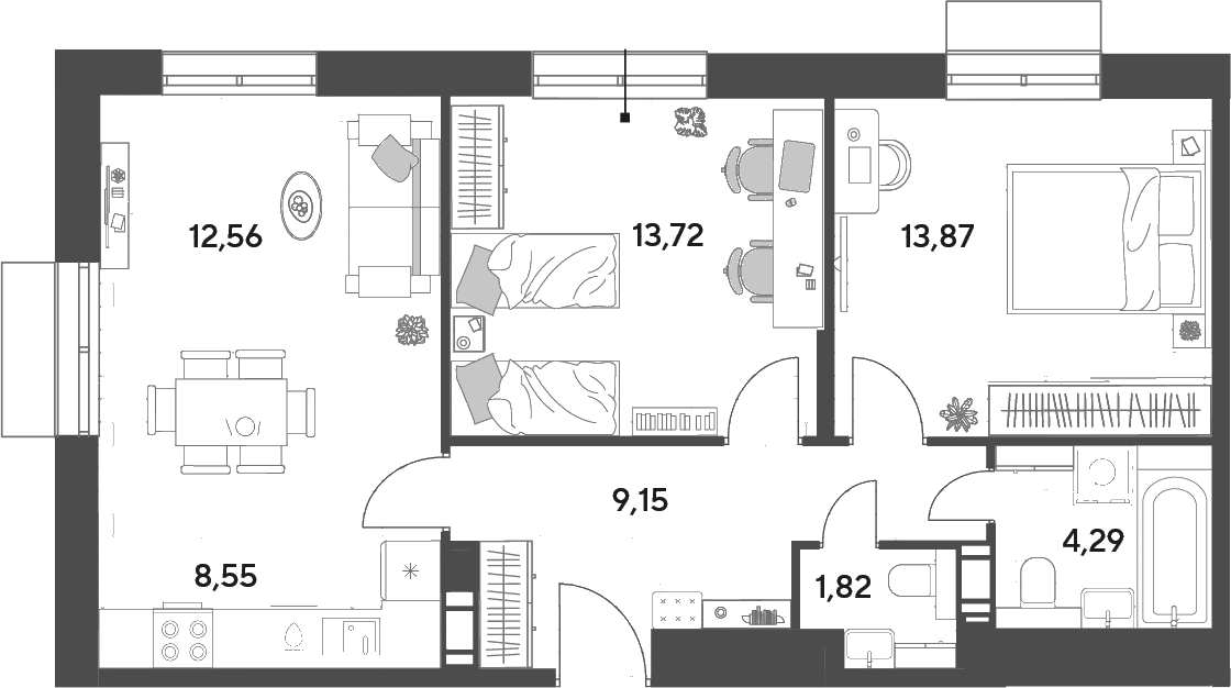 3-комн., 63.96 м², 9/15 этаж, ЖК «Публицист»