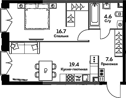 2-комн., 48.3 м², 6/33 этаж, ЖК «ЭРА»