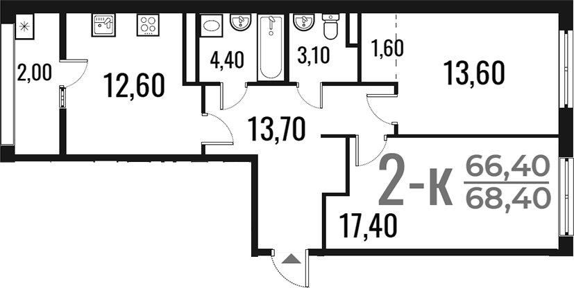 2-комн., 66.4 м², 3/7 этаж, ЖК «Новое Летово»