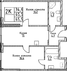 2-комн., 65.5 м², 2/29 этаж, ЖК «Наметкин Тауэр»