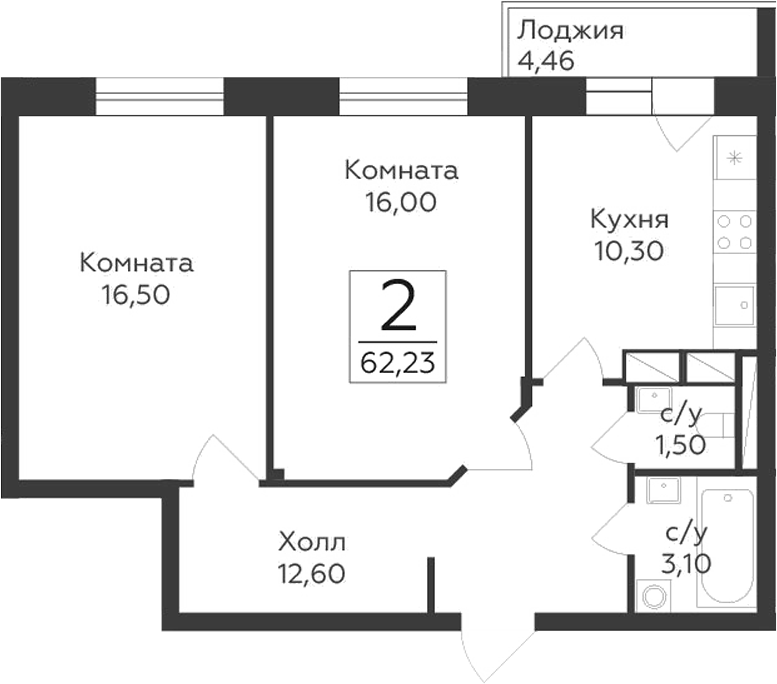 2-комн., 60 м², 16/17 этаж, ЖК «Малаховский»
