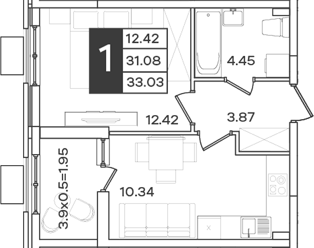 1-комн., 31.08 м², 2/18 этаж, ЖК «Сюжеты»