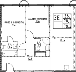 3-комн., 70.2 м², 20/29 этаж, ЖК «Наметкин Тауэр»
