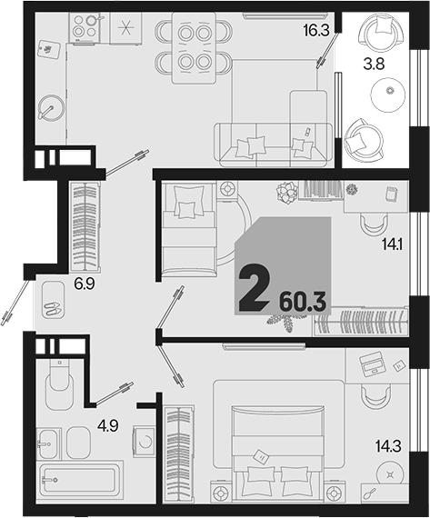 Продается 2-комн. квартира, 56.5 м² — фото 2