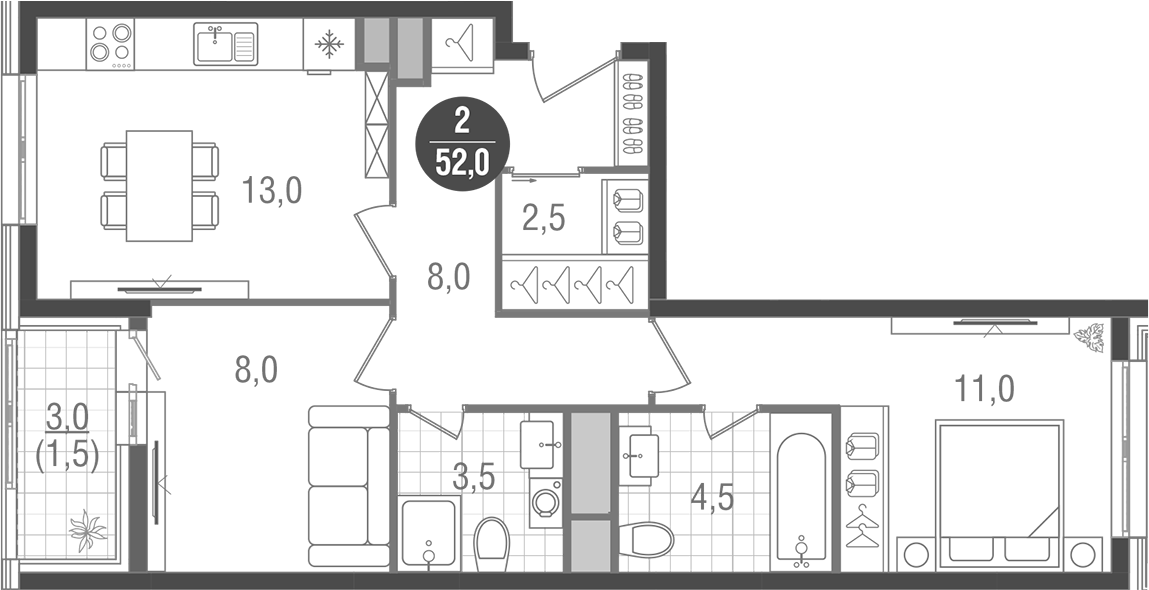 2-комн., 50.5 м², 17/26 этаж, ЖК «Кантемировский»