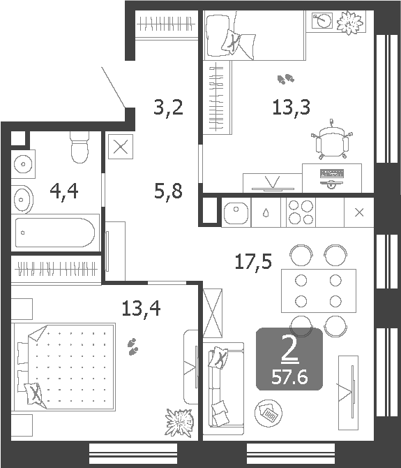 3-комн., 57.6 м², 19/19 этаж, ЖК «Шагал»