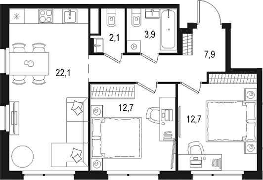 3-комн., 61.4 м², 13/15 этаж, ЖК «Левел Лесной»