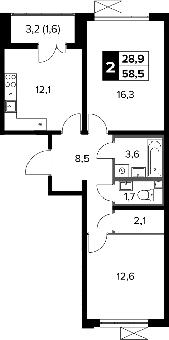 2-комн., 57.9 м², 8/23 этаж, ЖК «Южная Битца»
