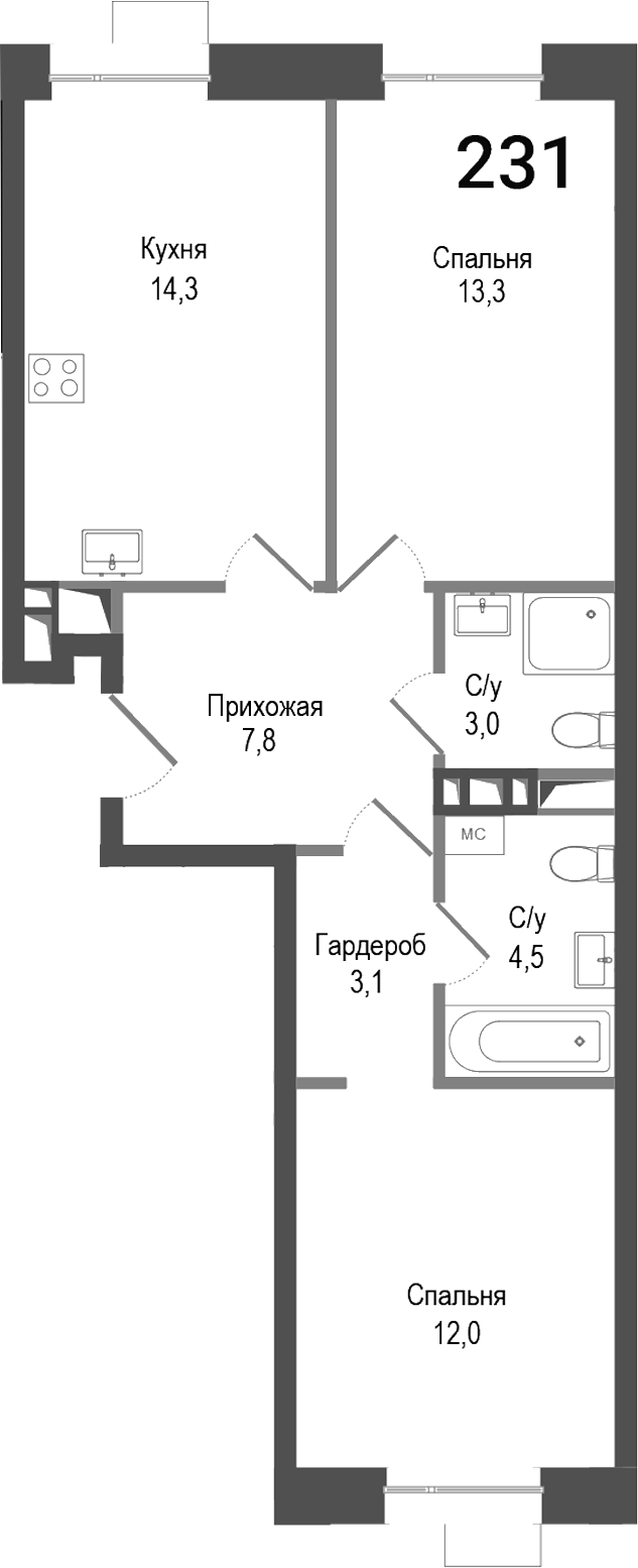 2-комн., 58 м², 1/6 этаж, ЖК «Киноквартал»