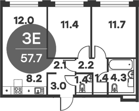 3-комн., 57.7 м², 5/6 этаж, ЖК «Равновесие»