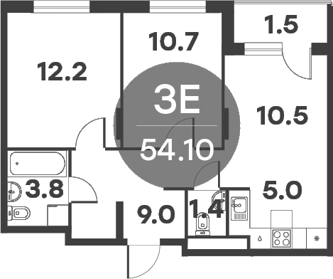 3-комн., 52.6 м², 5/6 этаж, ЖК «Равновесие»