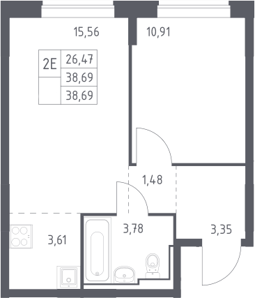 2-комн., 38.69 м², 7/12 этаж, ЖК «Богдановский лес»