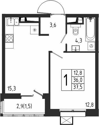 1-комн., 36 м², 10/10 этаж, ЖК «Берег»