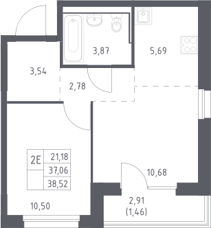2-комн., 37.06 м², 6/17 этаж, ЖК «Прибрежный Парк»