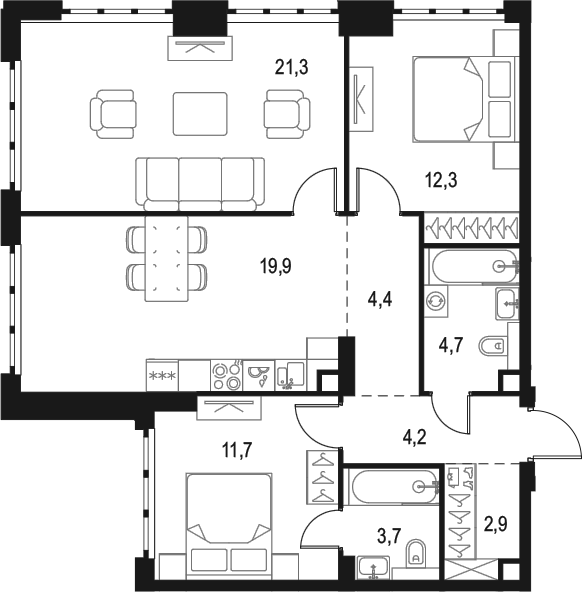3-комн., 85.1 м², 42/49 этаж, ЖК «Левел Южнопортовая»