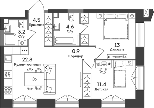 3-комн., 60.4 м², 3/37 этаж, ЖК «ЭРА»
