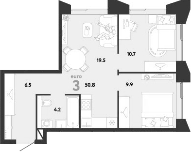 3-комн., 50.8 м², 34/38 этаж, ЖК «Страна.Заречная»