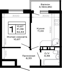 1-комн., 31.38 м², 16/16 этаж, ЖК «Горные высоты»