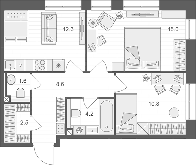 2-комн., 55 м², 6/12 этаж, ЖК «АРТЕЛЬ»
