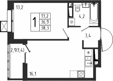 1-комн., 36.9 м², 9/10 этаж, ЖК «Берег»