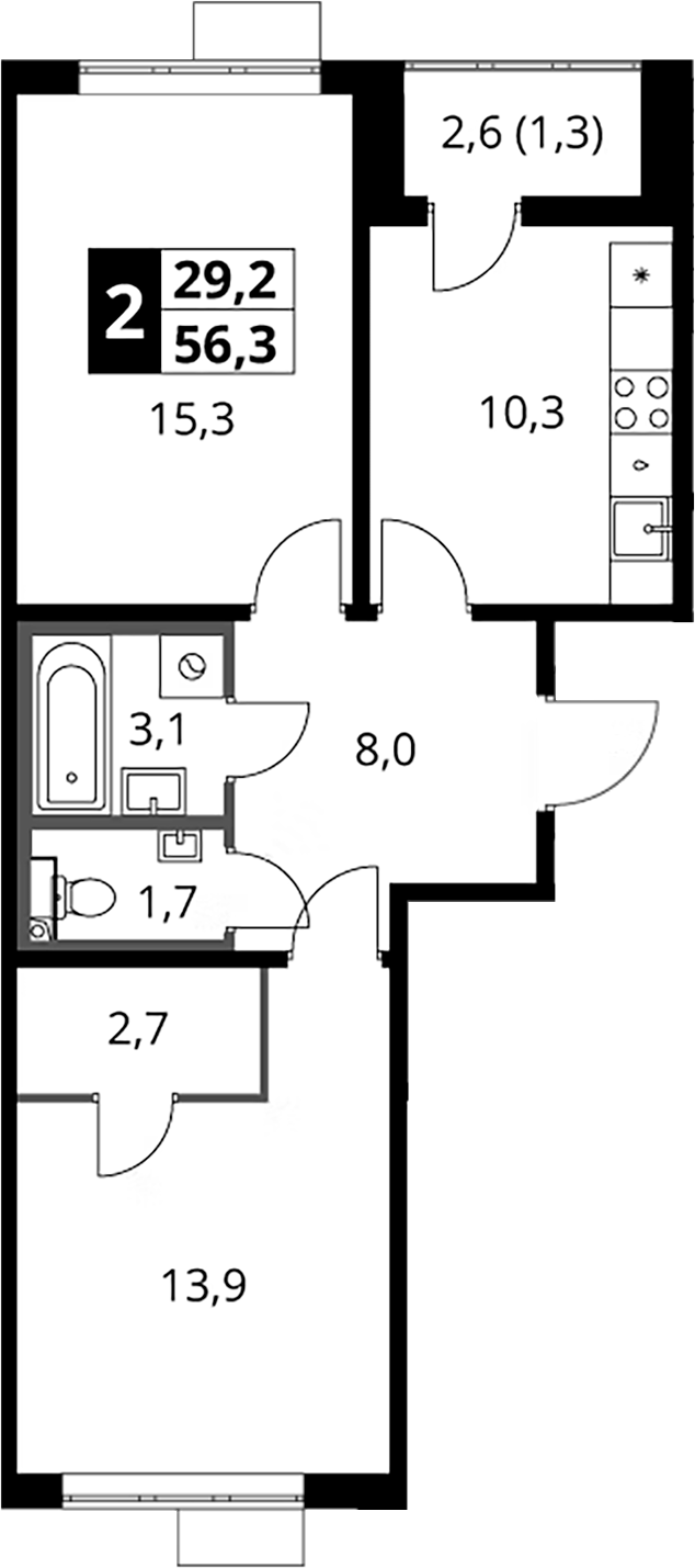 2-комн., 55 м², 13/24 этаж, ЖК «1-й Южный»