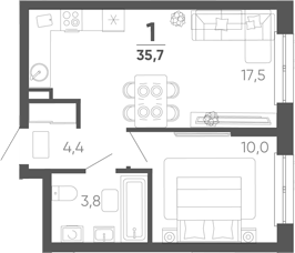 1-комн. квартира, 35.7 м² в ЖК Барса — фото 2