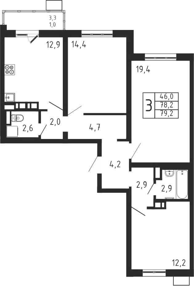 3-комн., 78.2 м², 7/9 этаж, ЖК «Пироговская ривьера. Мытищи»
