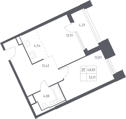 2-комн., 48.82 м², 3/30 этаж, ЖК «Скай Спутник»